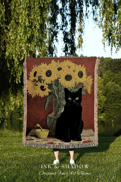 Sunflower Cat Painting Tapestry Vincent Van Gogh Blanket Black Cat Art | Funny Tapestry Van Gogh Painting Famous Art Blanket Dorm Decor Boho