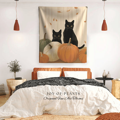 Fall Aesthetic Room Decor Black Cat Tapestry Blanket | Boho Room Decor Van Gogh Inspired Art Blanket | Autumn Decor Tapestry Black Cat Decor