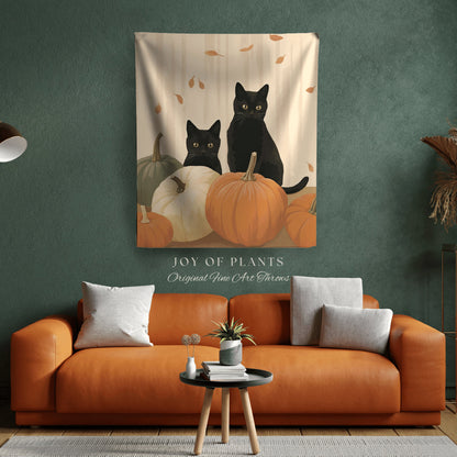 Fall Aesthetic Room Decor Black Cat Tapestry Blanket | Boho Room Decor Van Gogh Inspired Art Blanket | Autumn Decor Tapestry Black Cat Decor