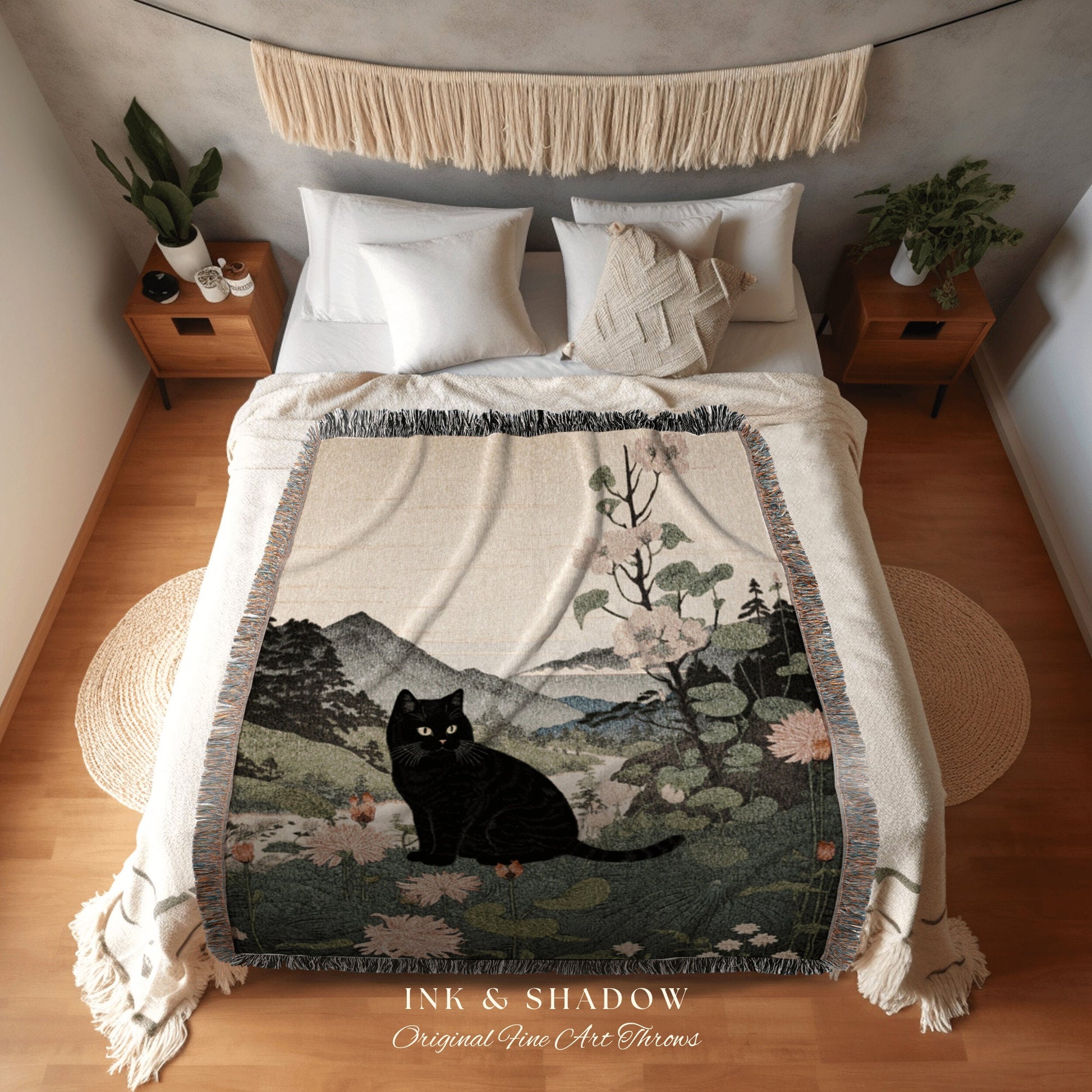 Boho Cat Tapestry Blanket | Japanese Room Decor Van Gogh Inspired Art Blanket | Autumn Decor Tapestry Black Cat Blanket Dorm Room Decor Boho