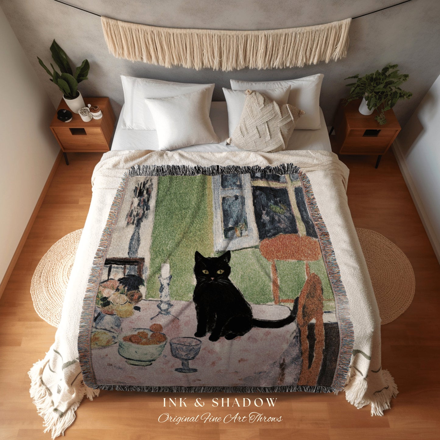 Black Cat Tapestry Blanket | Eclectic Room Decor Van Gogh Inspired Art Blanket | Funny Tapestry Black Cat Goth Decor Whimsical Dorm Decor |