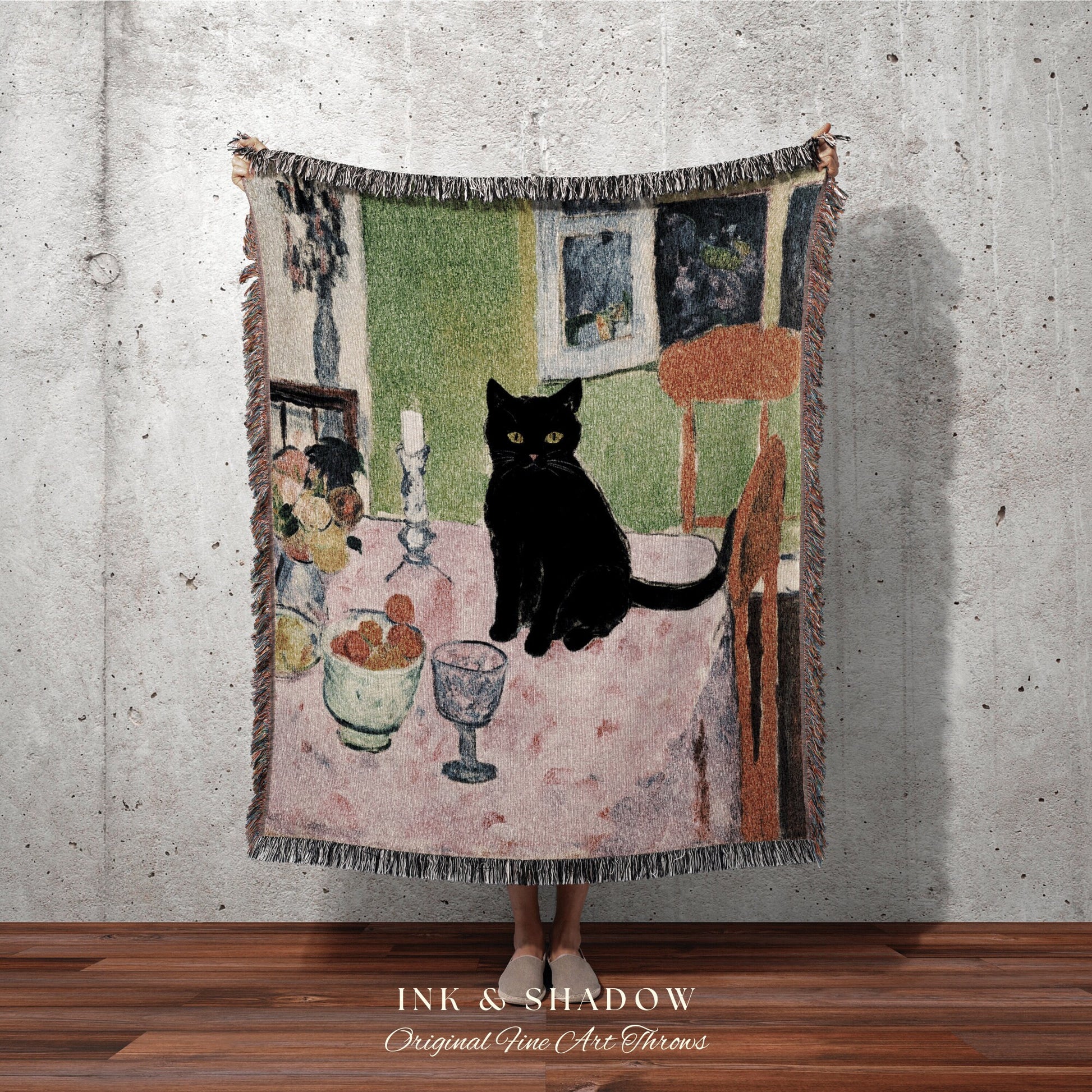 Black Cat Tapestry Blanket | Eclectic Room Decor Van Gogh Inspired Art Blanket | Funny Tapestry Black Cat Goth Decor Whimsical Dorm Decor |