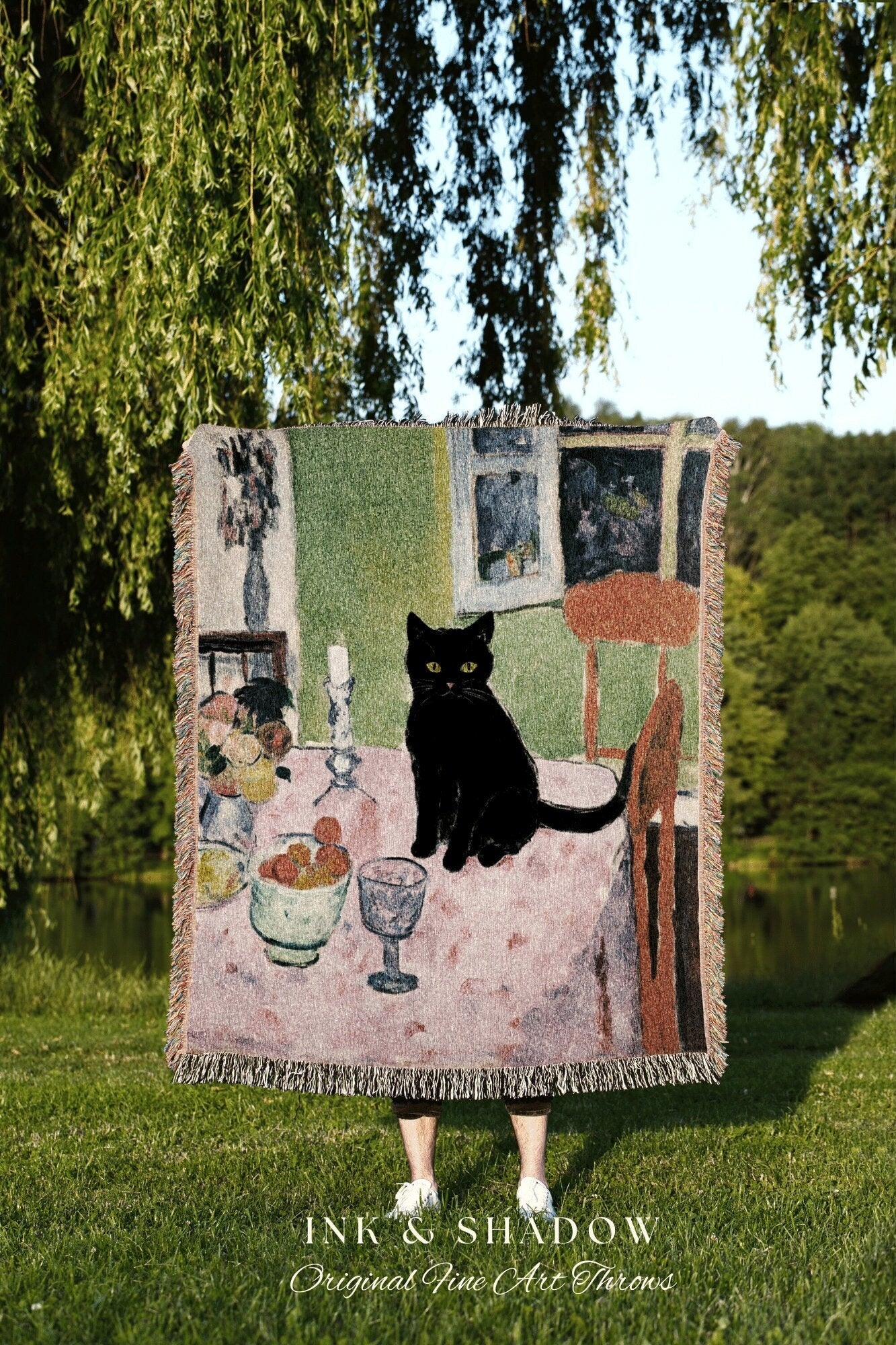 Black Cat Tapestry Blanket | Eclectic Room Decor Van Gogh Inspired Art Blanket | Funny Tapestry Black Cat Goth Decor Whimsical Dorm Decor |