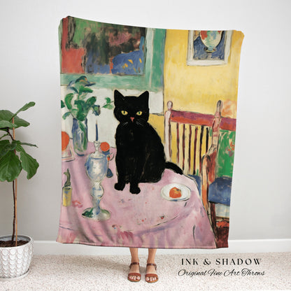 Eclectic Room Decor Black Cat Tapestry Blanket | Boho Room Decor Van Gogh Inspired Art Blanket | Funny Tapestry Black Cat Decor Whimsical |