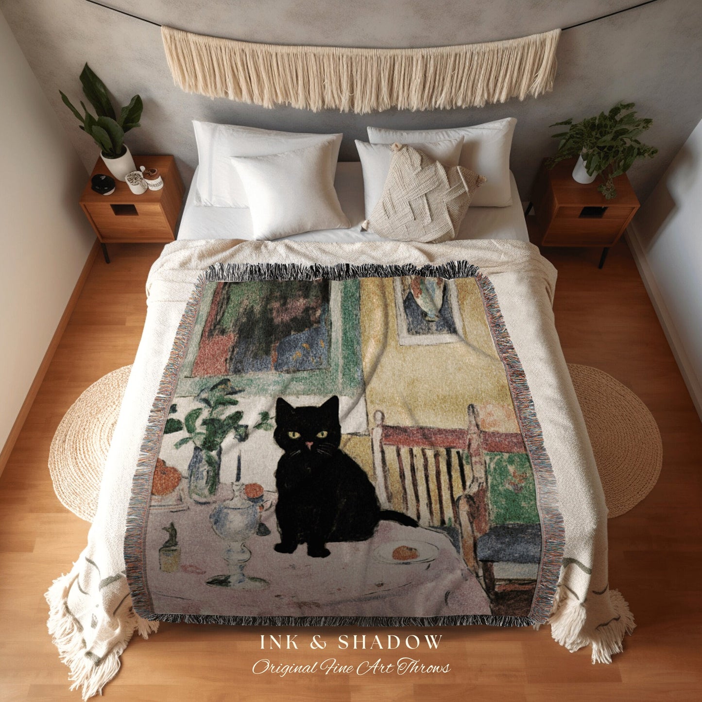 Eclectic Room Decor Black Cat Tapestry Blanket | Boho Room Decor Van Gogh Inspired Art Blanket | Funny Tapestry Black Cat Decor Whimsical |