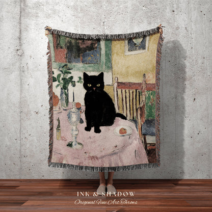 Eclectic Room Decor Black Cat Tapestry Blanket | Boho Room Decor Van Gogh Inspired Art Blanket | Funny Tapestry Black Cat Decor Whimsical |