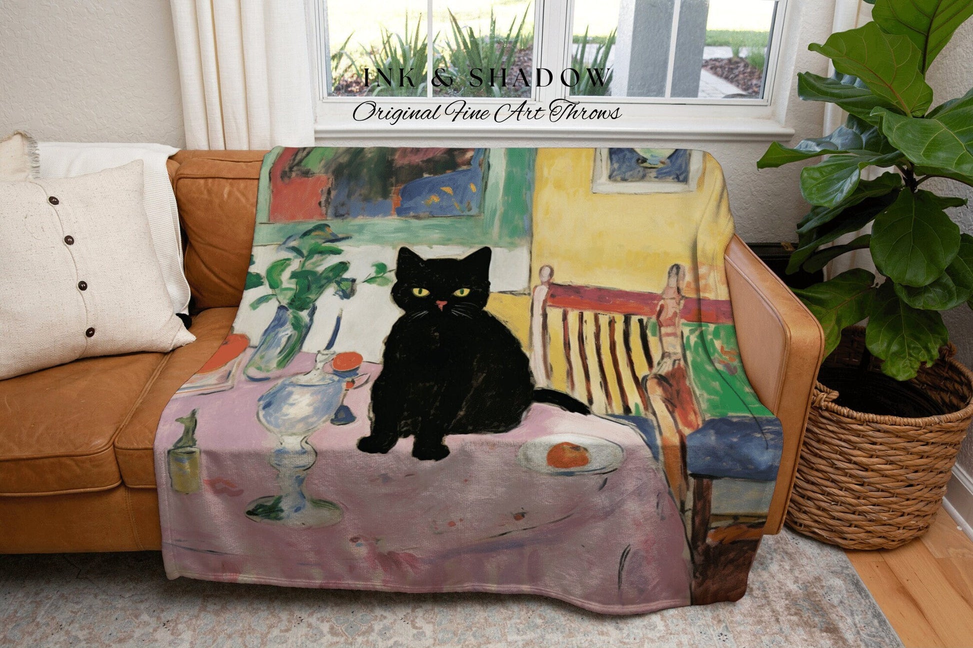 Eclectic Room Decor Black Cat Tapestry Blanket | Boho Room Decor Van Gogh Inspired Art Blanket | Funny Tapestry Black Cat Decor Whimsical |