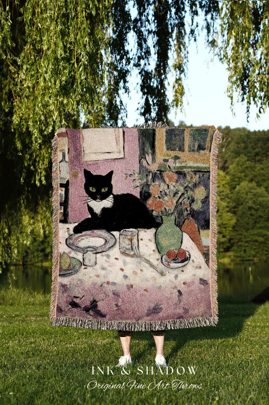 Whimsical Cat Tapestry Blanket | Eclectic Room Decor Van Gogh Inspired Art Blanket | Funny Tapestry Black Cat Decor Whimsical Dorm Decor |