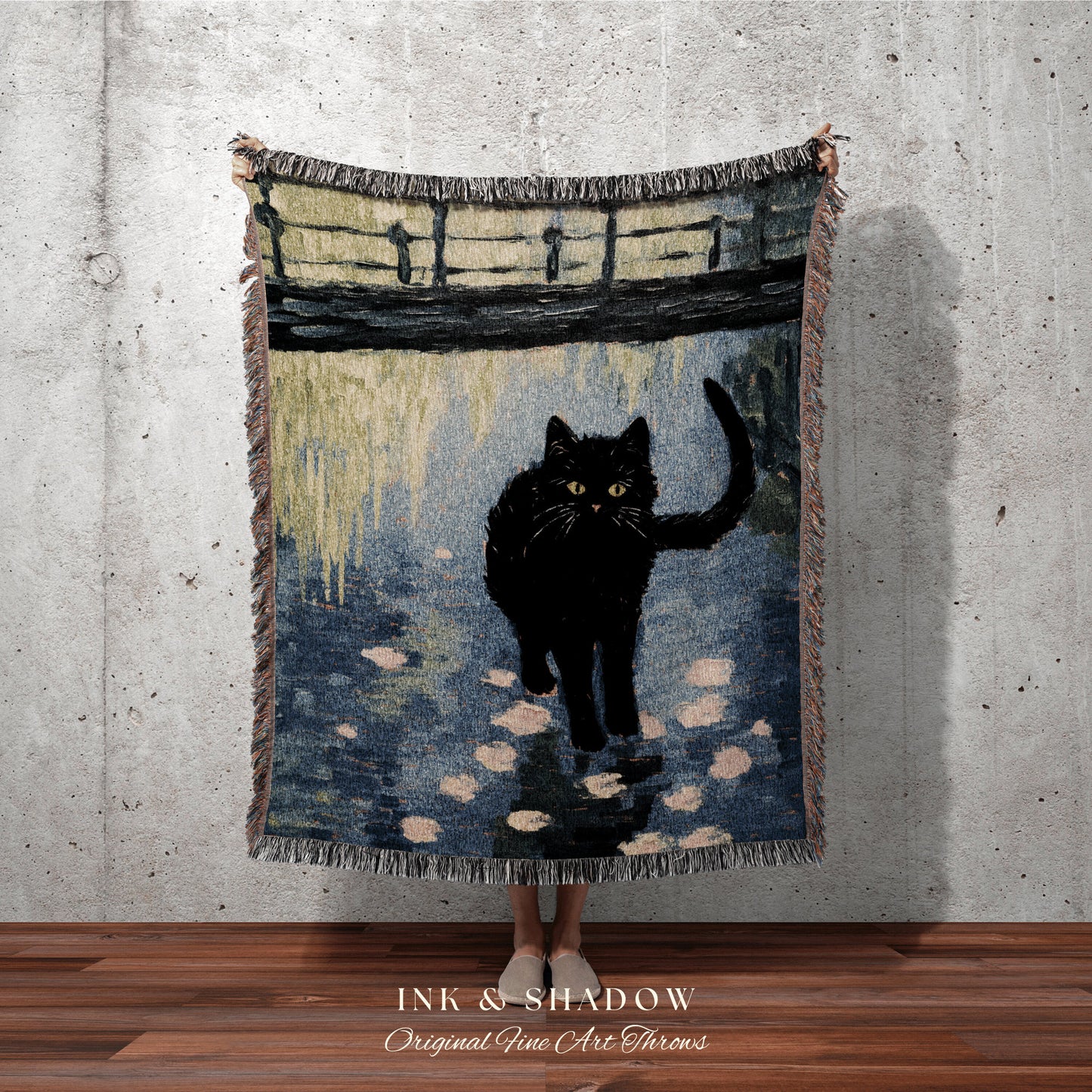 Black Cat Blanket Woven Tapestry Vintage Art Claude Monet Bridge Over a Pond of Water Lilies | Black Cat Blanket Monet Art History Gift |