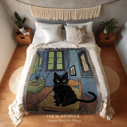 Bedroom Tapestry Blanket Black Cat Painting | Boho Room Decor Van Gogh Inspired Art Blanket | Funny Tapestry Black Cat Decor Whimsical Art |