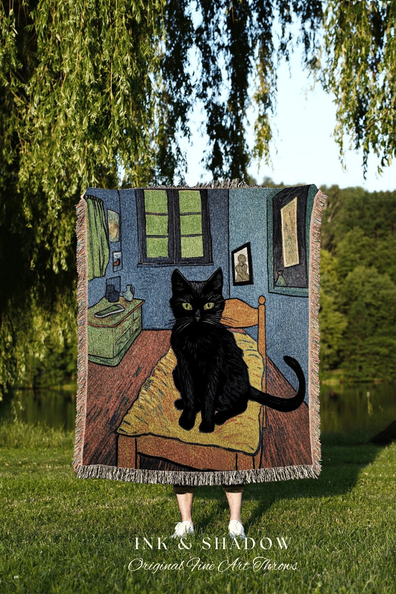 Bedroom Tapestry Blanket Black Cat Painting | Boho Room Decor Van Gogh Inspired Art Blanket | Funny Tapestry Black Cat Decor Whimsical Art |