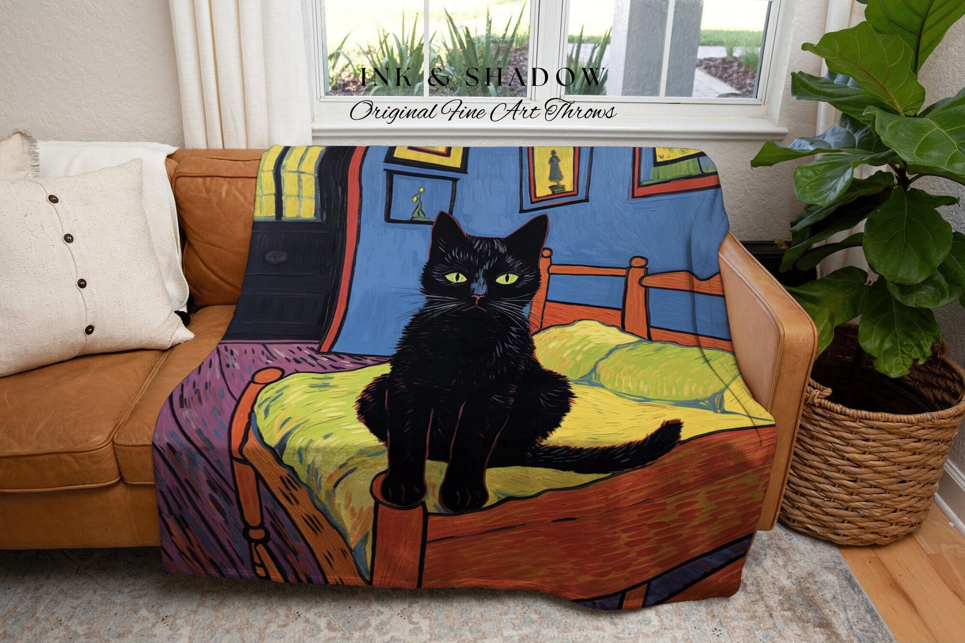 Bedroom Tapestry Blanket Black Cat Painting | Boho Room Decor Van Gogh Inspired Art Blanket | Funny Tapestry Black Cat Decor Whimsical Art |