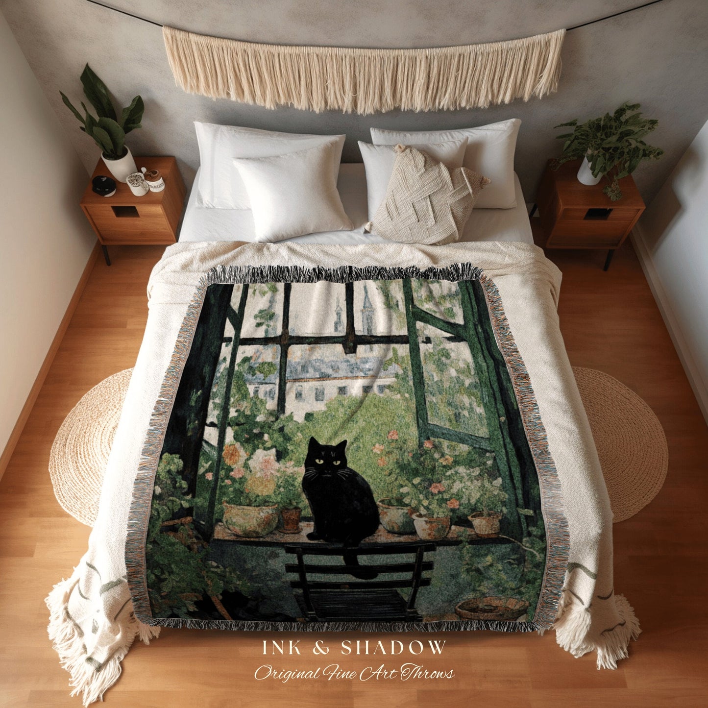 Cat Tapestry Botanical Blanket Woven Throw | Black Cat Painting Wall Art Pastel Decor Indie Aesthetic Dorm Room Tapestry Blanket Cute Cat