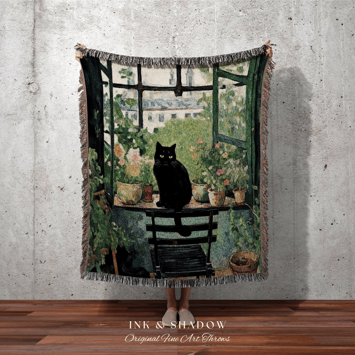 Cat Tapestry Botanical Blanket Woven Throw | Black Cat Painting Wall Art Pastel Decor Indie Aesthetic Dorm Room Tapestry Blanket Cute Cat