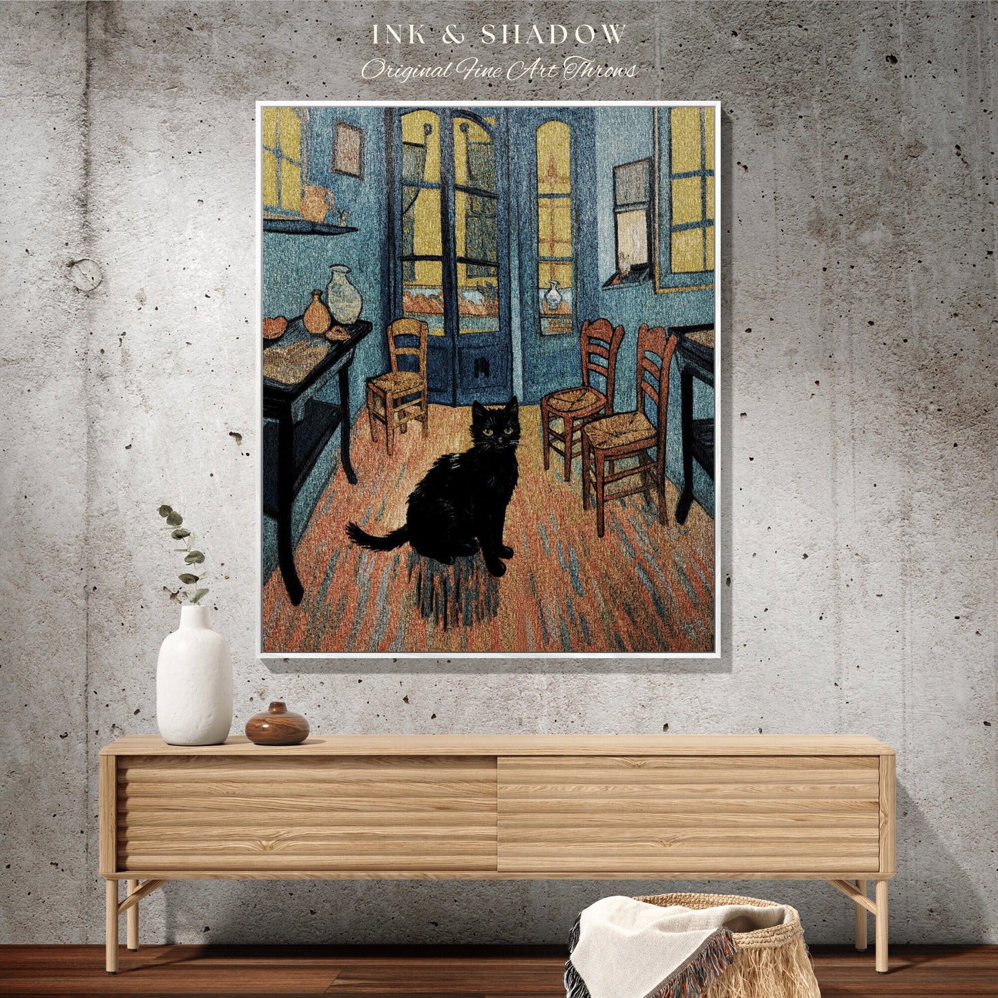 Black Cat Tapestry Blanket Woven Wall Hanging | Boho Room Decor Van Gogh Inspired Art Blanket | Funny Tapestry Black Cat Decor Whimsical |