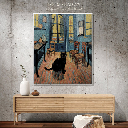 Black Cat Tapestry Blanket Woven Wall Hanging | Boho Room Decor Van Gogh Inspired Art Blanket | Funny Tapestry Black Cat Decor Whimsical |