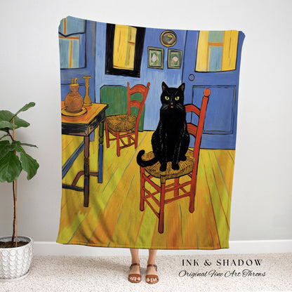 Van Gogh Inspired Tapestry Black Cat Blanket | Eclectic Room Decor Van Gogh Inspired Art Blanket | Funny Tapestry Black Cat Goth Dorm Decor