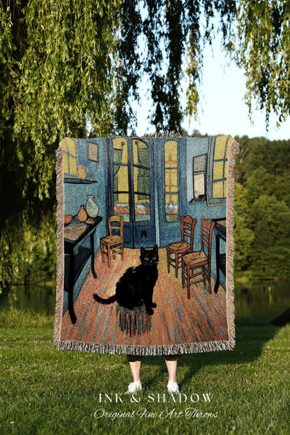 Black Cat Tapestry Blanket Woven Wall Hanging | Boho Room Decor Van Gogh Inspired Art Blanket | Funny Tapestry Black Cat Decor Whimsical |