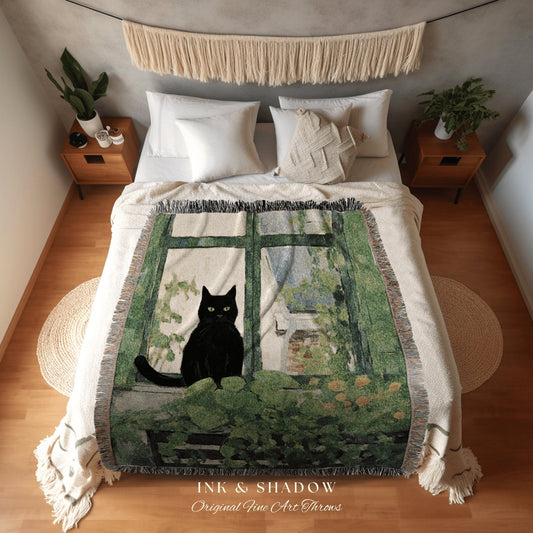 Botanical Tapestry Cat Blanket Woven Throw | Black Cat Tapestry Wall Art Pastel Decor Indie Aesthetic Dorm Room Tapestry Blanket Vintage |