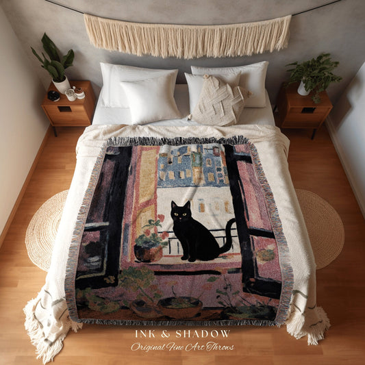 Boho Cat Tapestry Blanket Woven Throw | Black Cat Blanket Boho Wall Art Pastel Room Decor Indie Aesthetic Dorm Room Tapestry Blanket Vintage