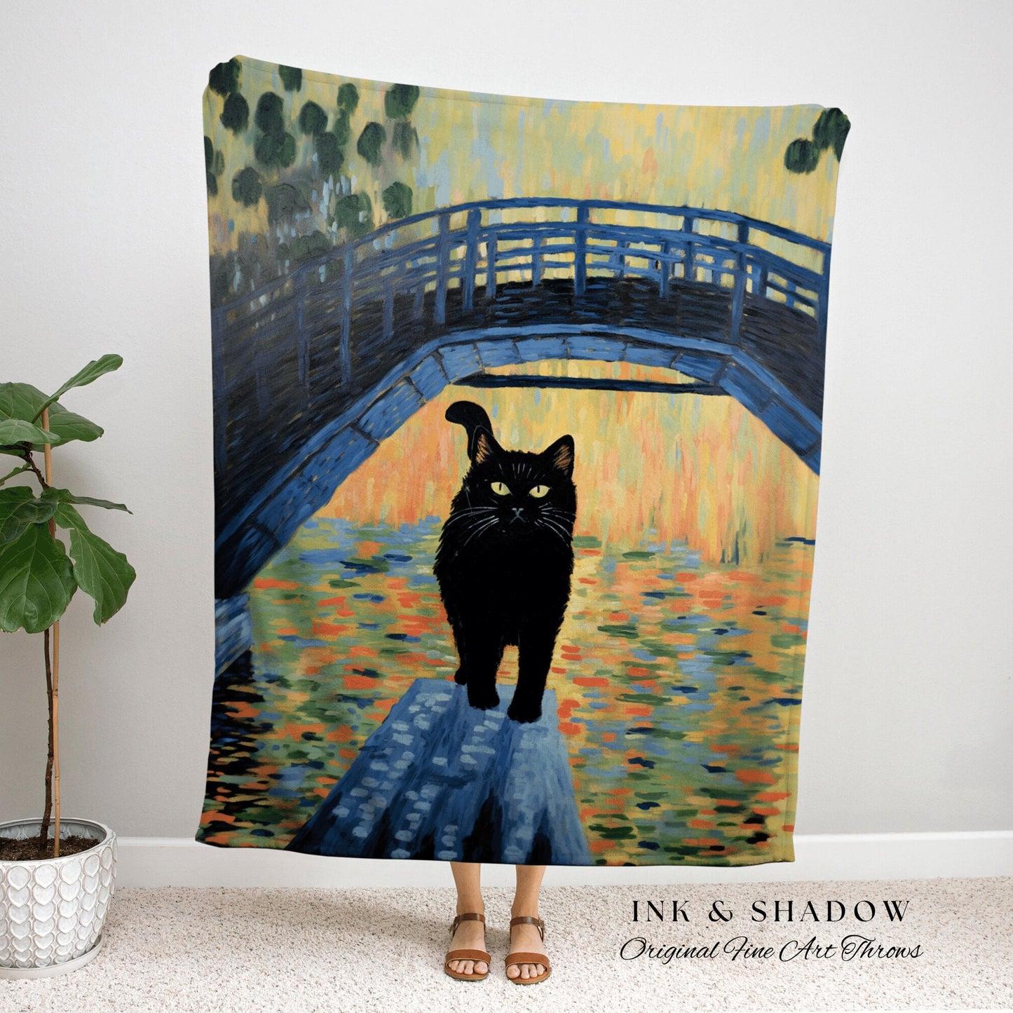 Moody Landscape Tapestry Blanket Woven Art Claude Monet Bridge Over a Pond of Water Lilies | Black Cat Tapestry Monet Inspired Decor Pastel