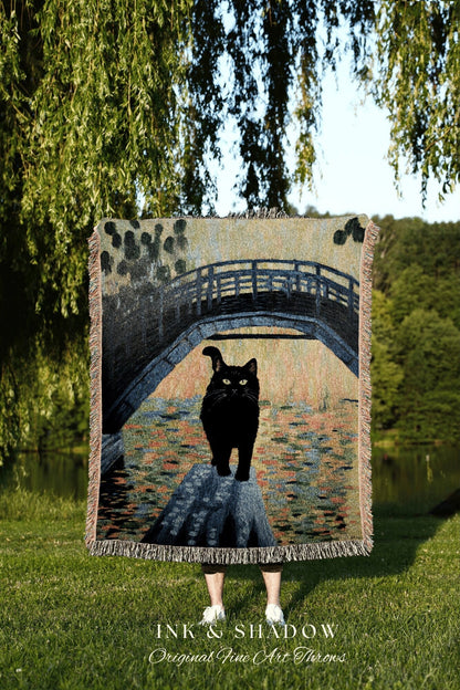 Moody Landscape Tapestry Blanket Woven Art Claude Monet Bridge Over a Pond of Water Lilies | Black Cat Tapestry Monet Inspired Decor Pastel