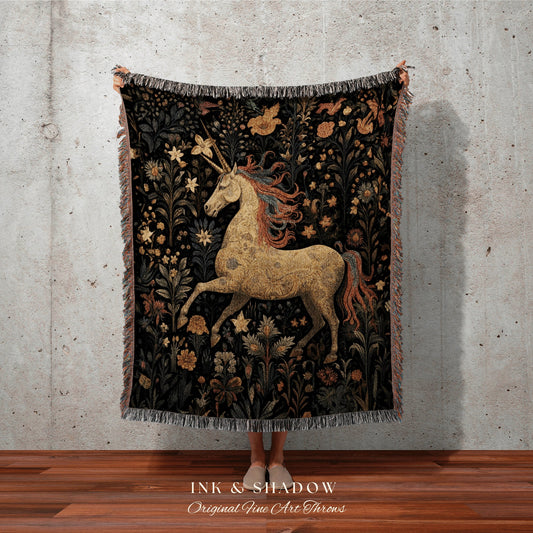 Antique Unicorn Art Blanket Woven | Medieval Room Decor Tapestry Cottagecore | Fairycore Aesthetic Room Decor Magical Tapestry Unicorn Art