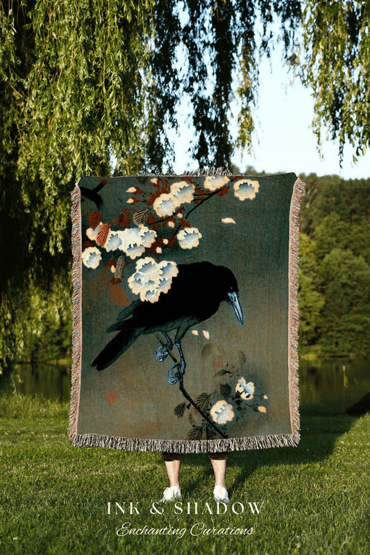 Dark Cottagecore Crow & Blossom Painting | Woven Wall Hanging Vintage Decor | Ohara Koson Art | Japanese Art Decor Crowcore Gothic Tapestry