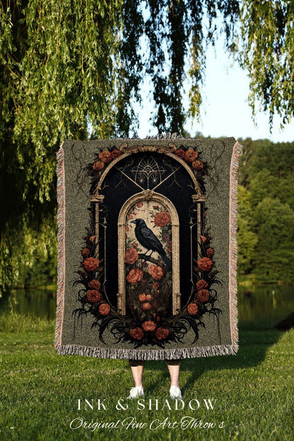 Macacre Room Decor Dark Academia Tapestry Dark Cottagecore | Vintage Occult Tapestry Raven Home Decor | Dark Floral Aesthetic Decor Witchy |