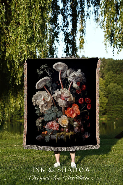 Whimsigoth Dark Floral Goth Tapestry Woven Wall Hanging | Jan Davidsz de Heem Flower Painting Blanket Woven | Baroque Decor Witchy Aesthetic