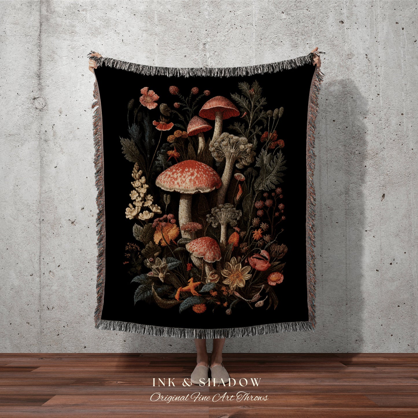 Mushroom Blanket Woven Wall Hanging | Vintage Mushroom Painting Tapestry Woven | Dark Cottagecore Decor Witch Aesthetic Mushroom Tapestry |