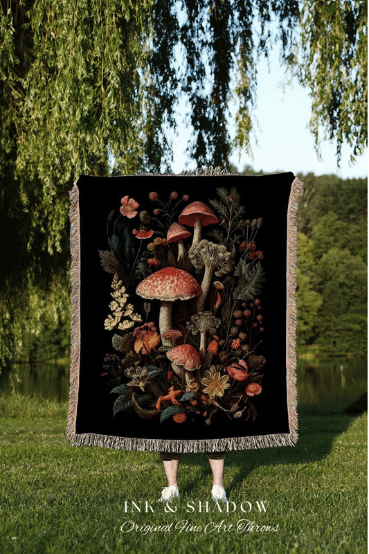 Mushroom Blanket Woven Wall Hanging | Vintage Mushroom Painting Tapestry Woven | Dark Cottagecore Decor Witch Aesthetic Mushroom Tapestry |