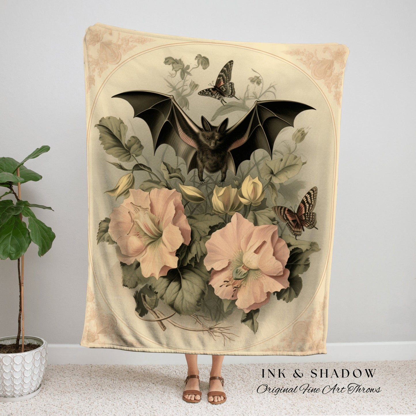 Bat Lithograph Antique Tapestry Blanket Woven Wall Hanging | Bat Decor Dark Academia Room Decor Vintage Tapestry Woven Throw Blanket Gothic