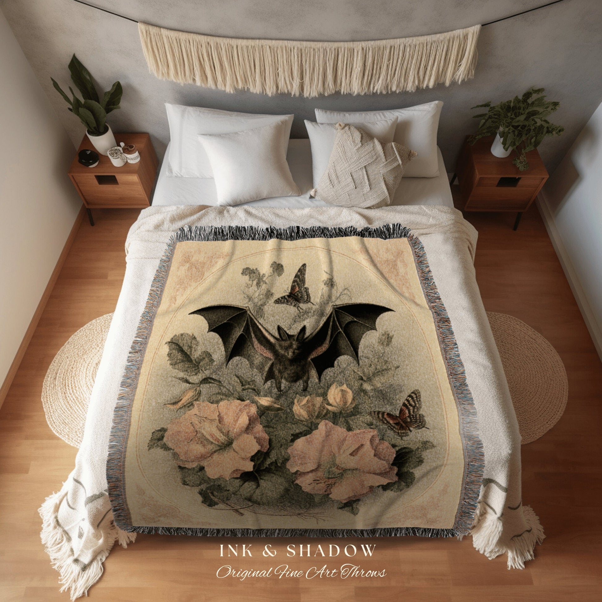 Bat Lithograph Antique Tapestry Blanket Woven Wall Hanging | Bat Decor Dark Academia Room Decor Vintage Tapestry Woven Throw Blanket Gothic