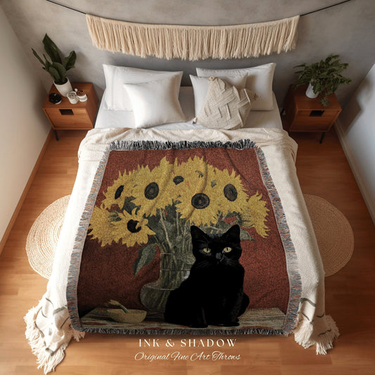 Sunflower Cat Painting Tapestry Vincent Van Gogh Blanket Black Cat Art | Funny Tapestry Van Gogh Painting Famous Art Blanket Dorm Decor Boho