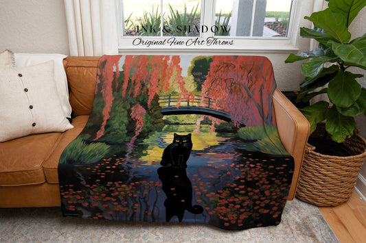 Moody Wall Decor Woven Tapestry Blanket Vintage Art Claude Monet Bridge Over a Pond of Water Lilies | Black Cat Blanket Monet Inspired Decor