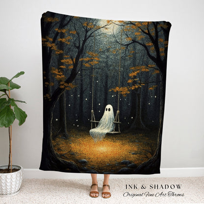 Haunted Forest Ghost on a Swing | Fall Aesthetic Vintage Ghost Art Woven Tapestry Halloween Decor Dark Academia Wall Art Ghost Blanket Woven