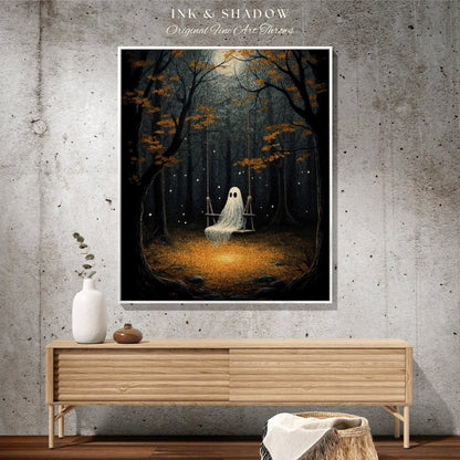 Haunted Forest Ghost on a Swing | Fall Aesthetic Vintage Ghost Art Woven Tapestry Halloween Decor Dark Academia Wall Art Ghost Blanket Woven