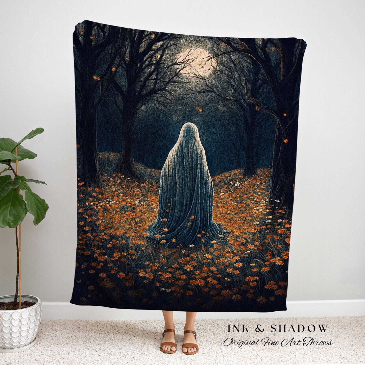 Halloween Night Spooky Ghost Blanket | Fall Aesthetic Vintage Ghost Art Woven Tapestry Halloween Decor Dark Academia Art Ghost Blanket Woven