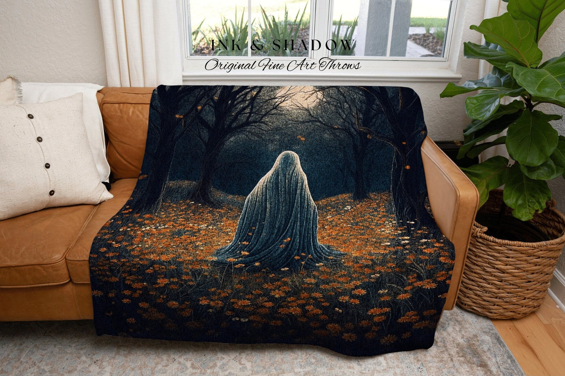 Halloween Night Spooky Ghost Blanket | Fall Aesthetic Vintage Ghost Art Woven Tapestry Halloween Decor Dark Academia Art Ghost Blanket Woven