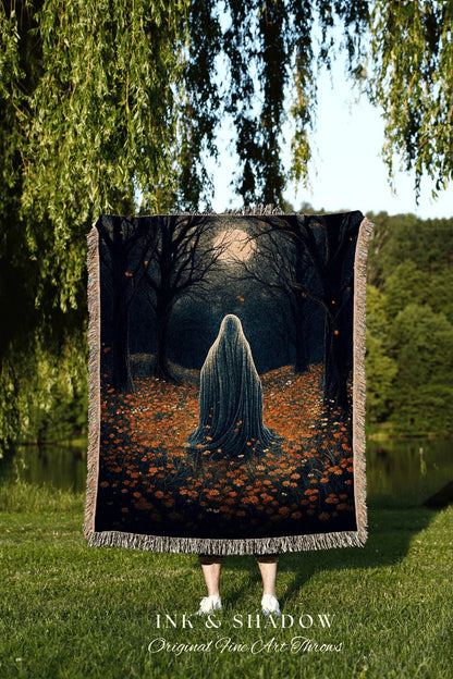 Halloween Night Spooky Ghost Blanket | Fall Aesthetic Vintage Ghost Art Woven Tapestry Halloween Decor Dark Academia Art Ghost Blanket Woven