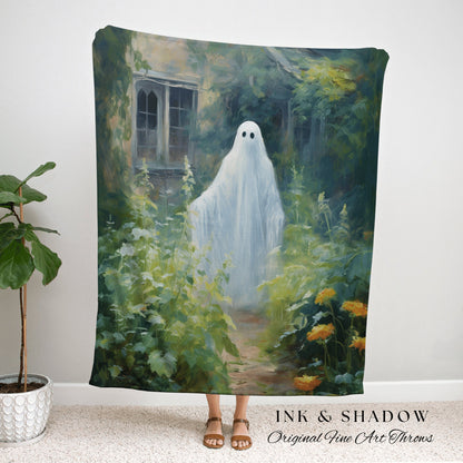 Whimsigoth Garden Ghost Halloween Art Blanket Woven | Fall Aesthetic Vintage Ghost Art Woven Tapestry Halloween Decor Dark Academia Blanket