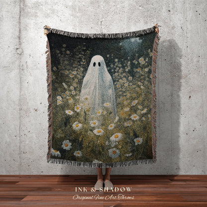 Sheet Ghost Wall Art Halloween Blanket Woven | Fall Aesthetic Vintage Ghost Art Woven Tapestry Halloween Decor Dark Academia Ghost Blanket