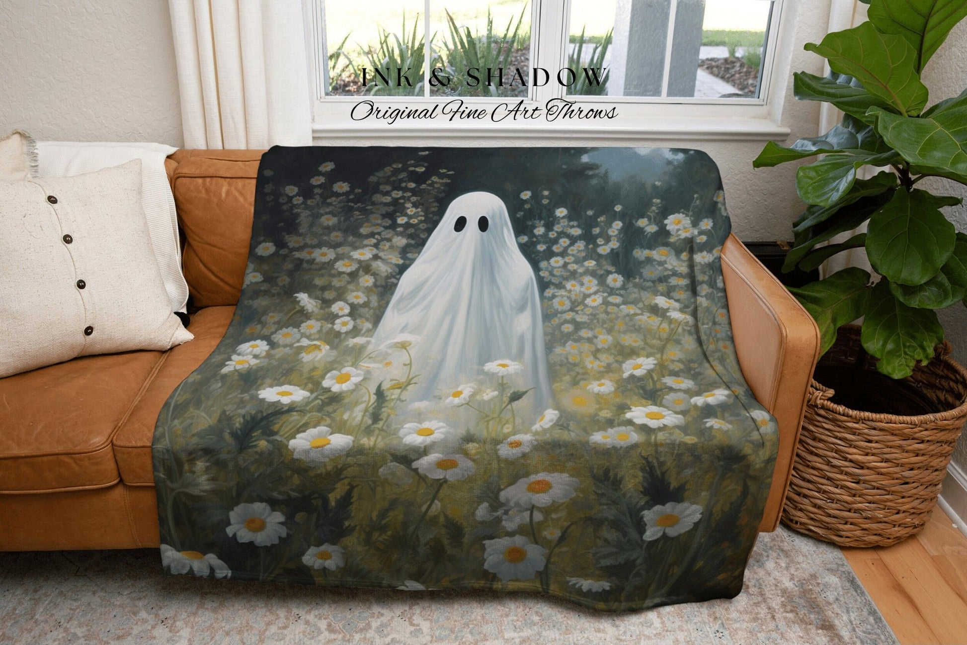 Sheet Ghost Wall Art Halloween Blanket Woven | Fall Aesthetic Vintage Ghost Art Woven Tapestry Halloween Decor Dark Academia Ghost Blanket