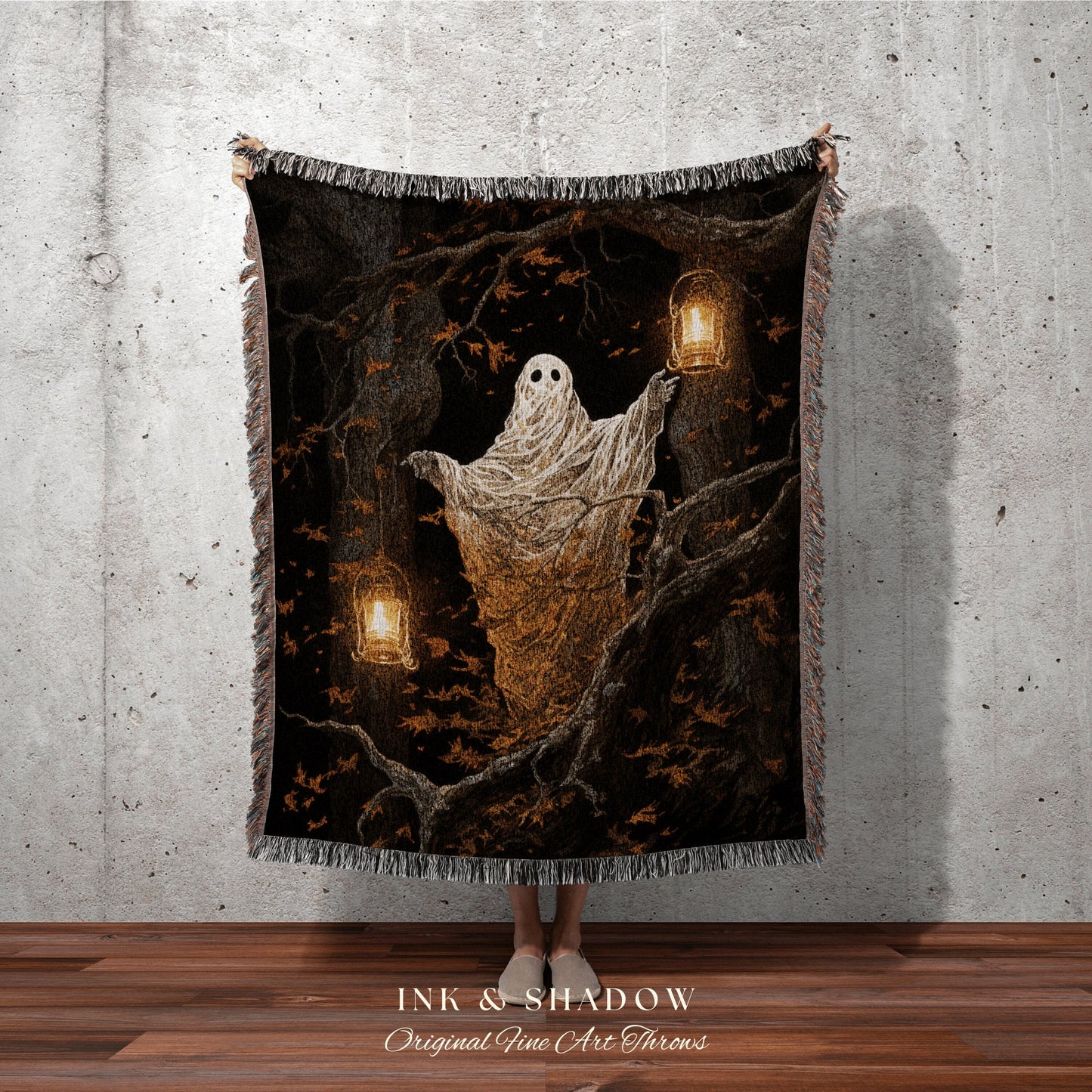 Woodland Ghost Vintage Blanket Halloween | Fall Aesthetic Vintage Ghost Art Woven Tapestry Halloween Decor Dark Academia Art Ghost Blanket |