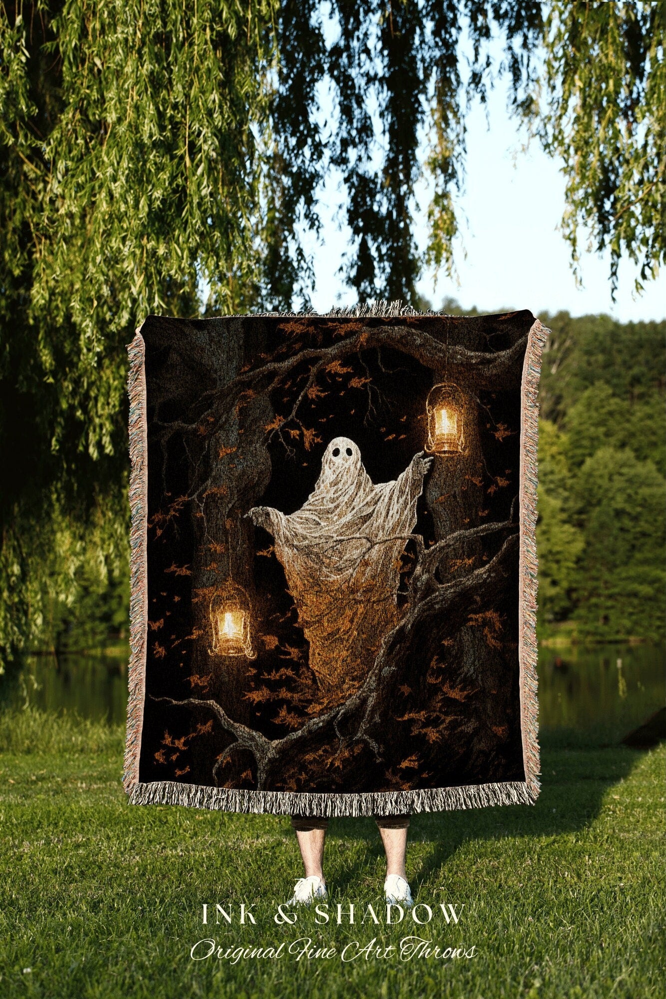 Woodland Ghost Vintage Blanket Halloween | Fall Aesthetic Vintage Ghost Art Woven Tapestry Halloween Decor Dark Academia Art Ghost Blanket |