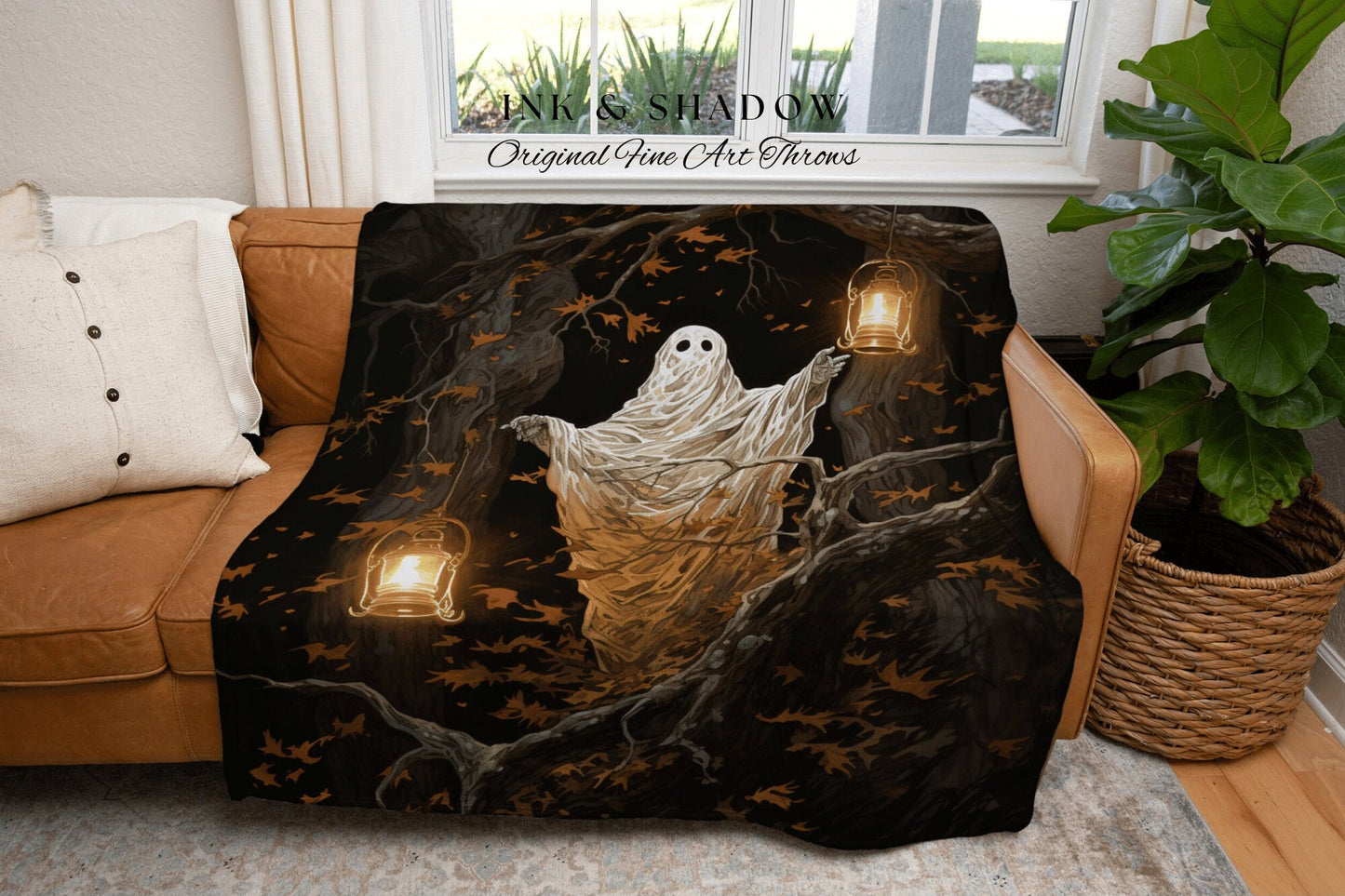 Woodland Ghost Vintage Blanket Halloween | Fall Aesthetic Vintage Ghost Art Woven Tapestry Halloween Decor Dark Academia Art Ghost Blanket |