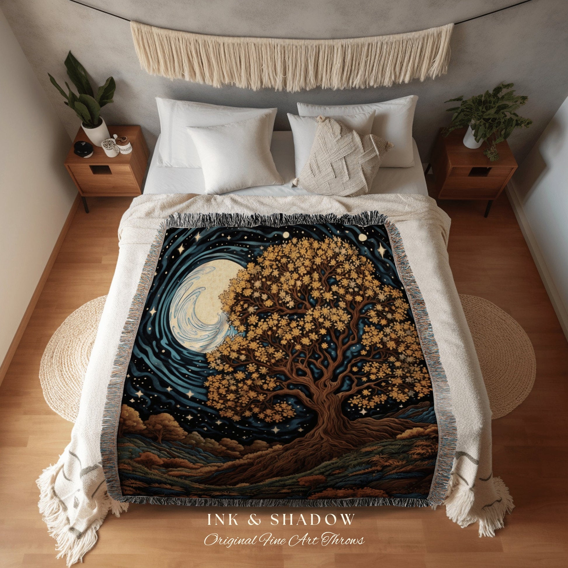 Full Harvest Moon Autumn Aesthetic Fall Tree Tapestry | Full Moon Stars Blanket Woven Wall Art Housewarming Gift Throw Blanket Cottagecore |