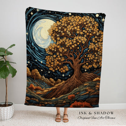 Full Harvest Moon Autumn Aesthetic Fall Tree Tapestry | Full Moon Stars Blanket Woven Wall Art Housewarming Gift Throw Blanket Cottagecore |