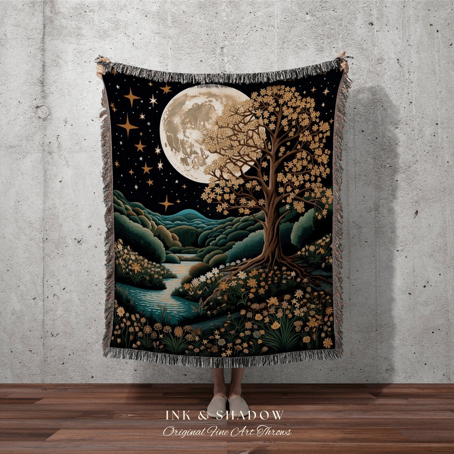 Vintage Landscape Throw Blanket Full Moon Fall Aesthetic Tree Tapestry Woven Wall Art Housewarming Gift Throw Blanket Cottagecore Aesthetic